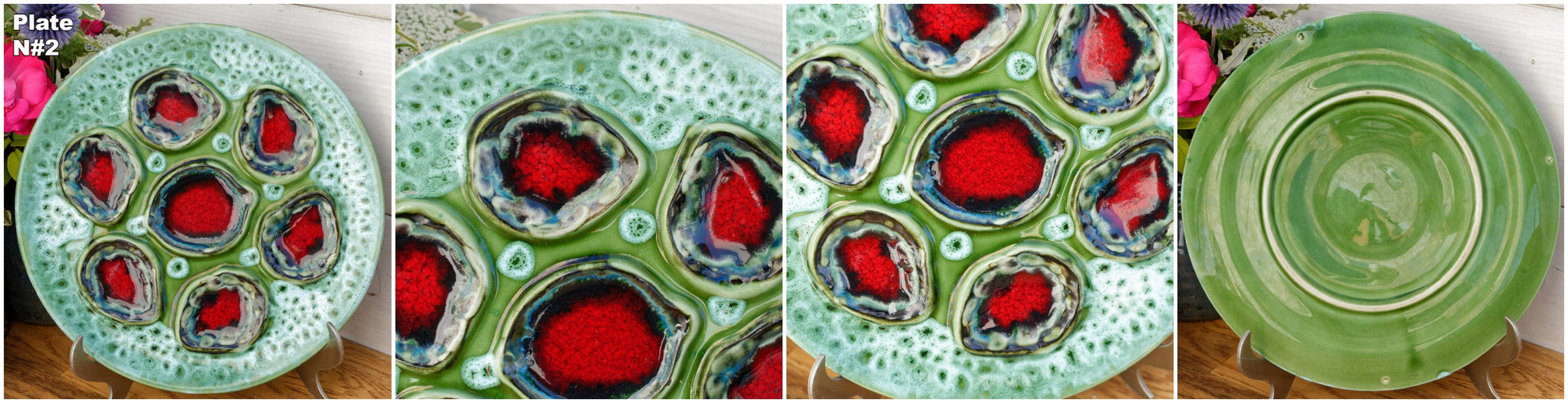 French Vallauris Style Vintage Oyster Huître Shellfish Plate with 6 Wells Ceramic Majolica