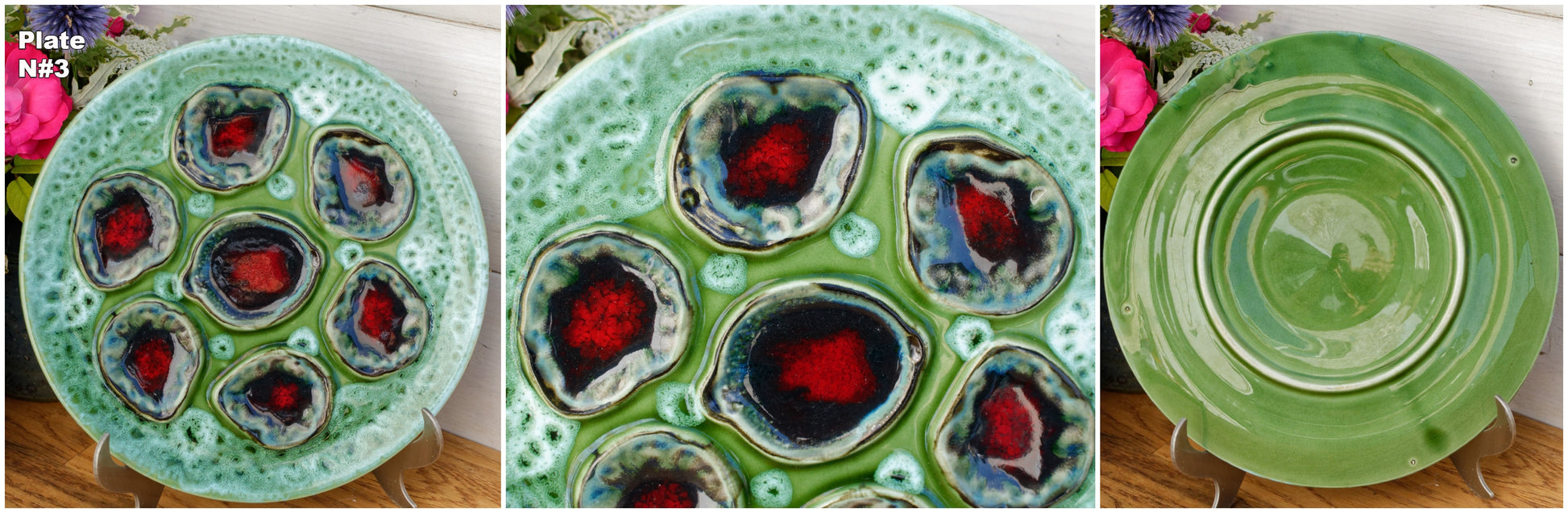 French Vallauris Style Vintage Oyster Huître Shellfish Plate with 6 Wells Ceramic Majolica