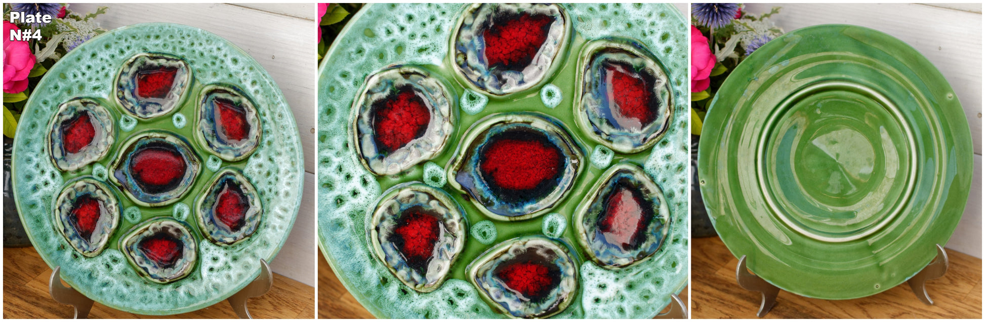 French Vallauris Style Vintage Oyster Huître Shellfish Plate with 6 Wells Ceramic Majolica