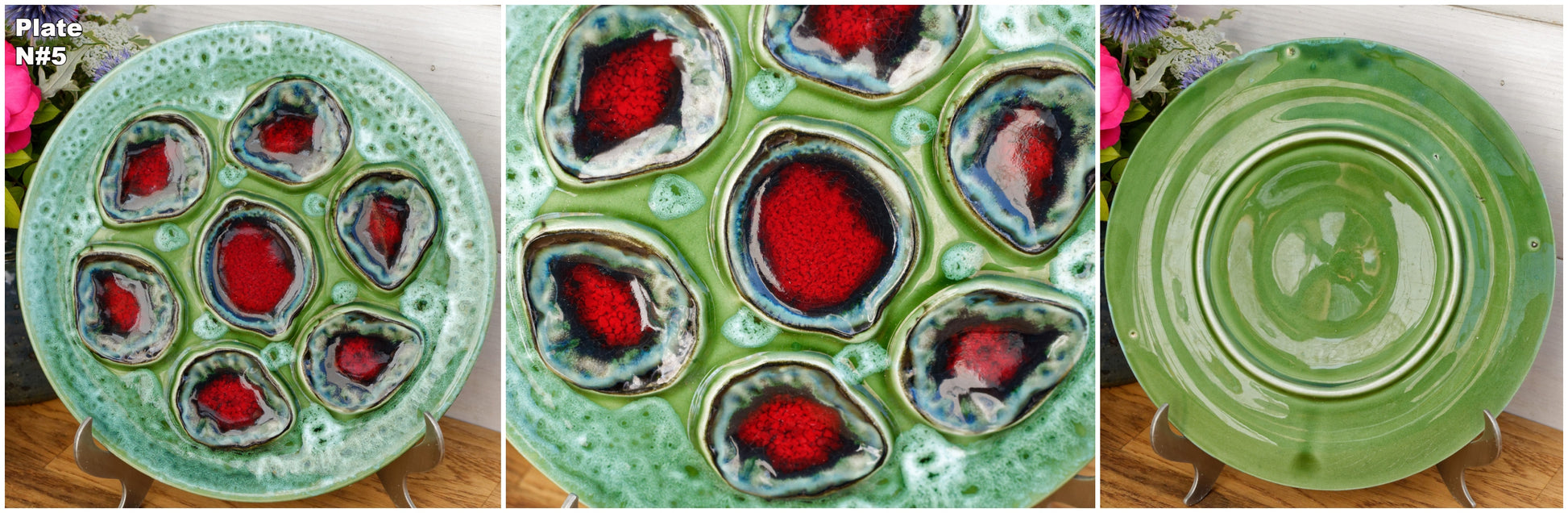 French Vallauris Style Vintage Oyster Huître Shellfish Plate with 6 Wells Ceramic Majolica
