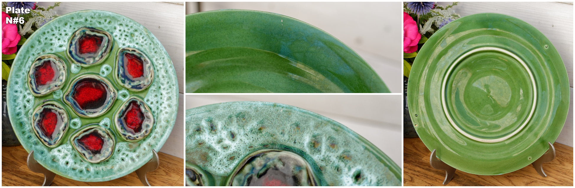 French Vallauris Style Vintage Oyster Huître Shellfish Plate with 6 Wells Ceramic Majolica