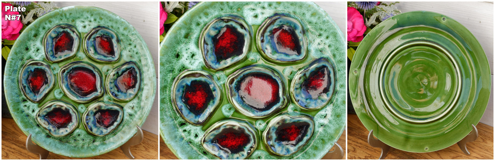 French Vallauris Style Vintage Oyster Huître Shellfish Plate with 6 Wells Ceramic Majolica