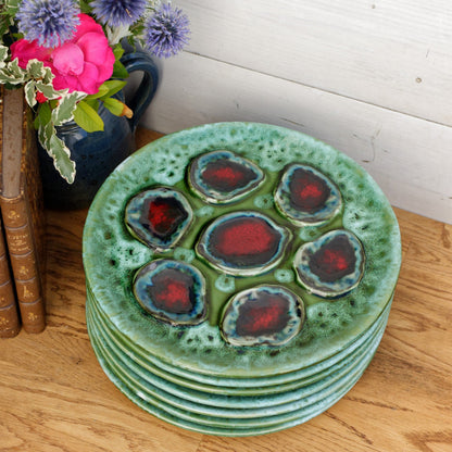 French Vallauris Style Vintage Oyster Huître Shellfish Plate with 6 Wells Ceramic Majolica