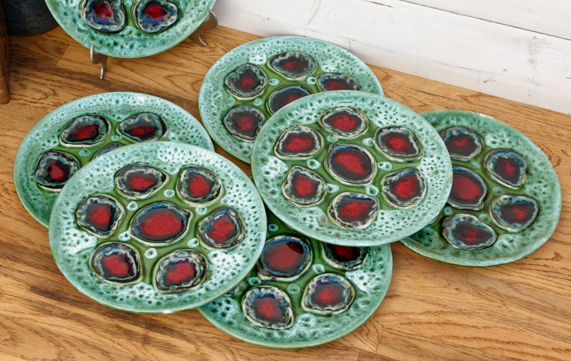 French Vallauris Style Vintage Oyster Huître Shellfish Plate with 6 Wells Ceramic Majolica