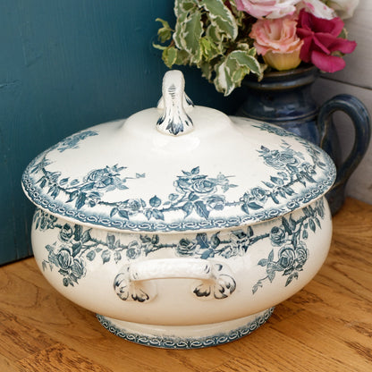 H.B. & Cie (Hautin, Boulenger & Choisy-Le-Roi) Terre de Fer France Paris French Antique Ironstone Blue Transferware Soup Tureen "Soupiere" Terre de fer