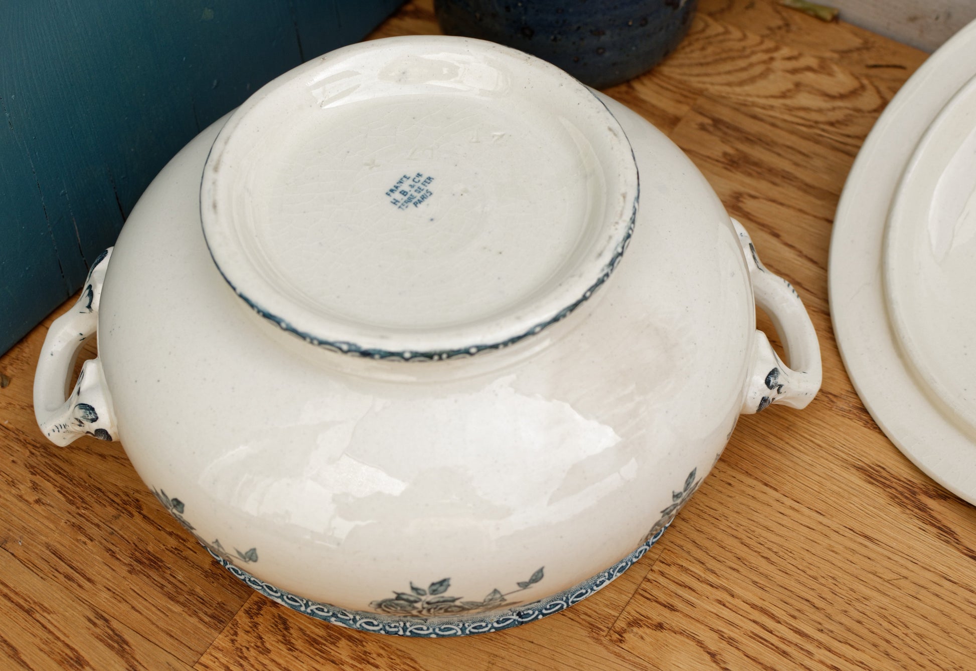 H.B. & Cie (Hautin, Boulenger & Choisy-Le-Roi) Terre de Fer France Paris French Antique Ironstone Blue Transferware Soup Tureen "Soupiere" Terre de fer