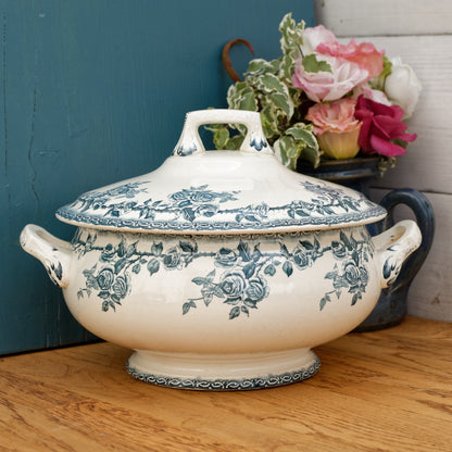 H.B. & Cie (Hautin, Boulenger & Choisy-Le-Roi) Terre de Fer France Paris French Antique Ironstone Blue Transferware Soup Tureen "Soupiere" Terre de fer