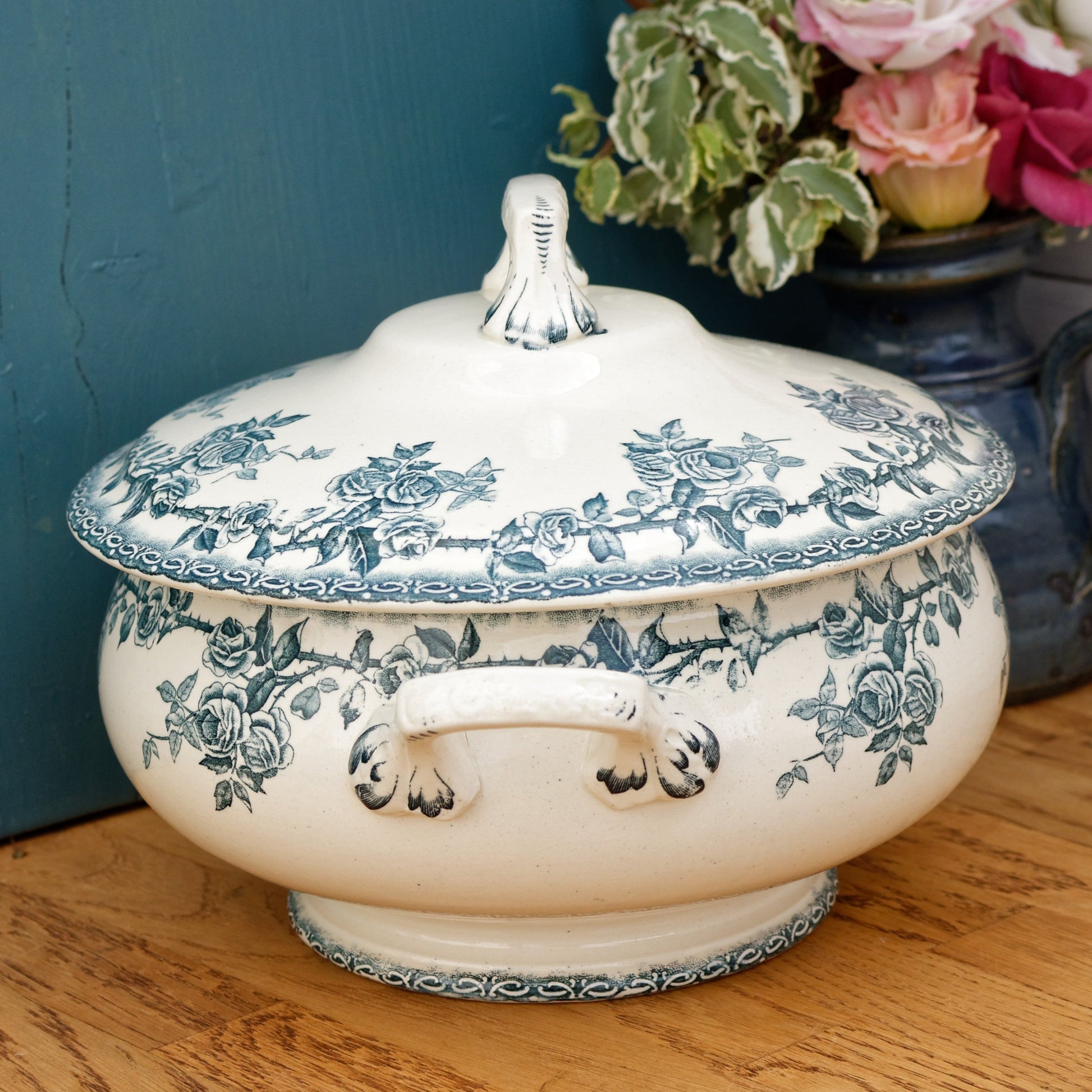 H.B. & Cie (Hautin, Boulenger & Choisy-Le-Roi) Terre de Fer France Paris French Antique Ironstone Blue Transferware Soup Tureen "Soupiere" Terre de fer