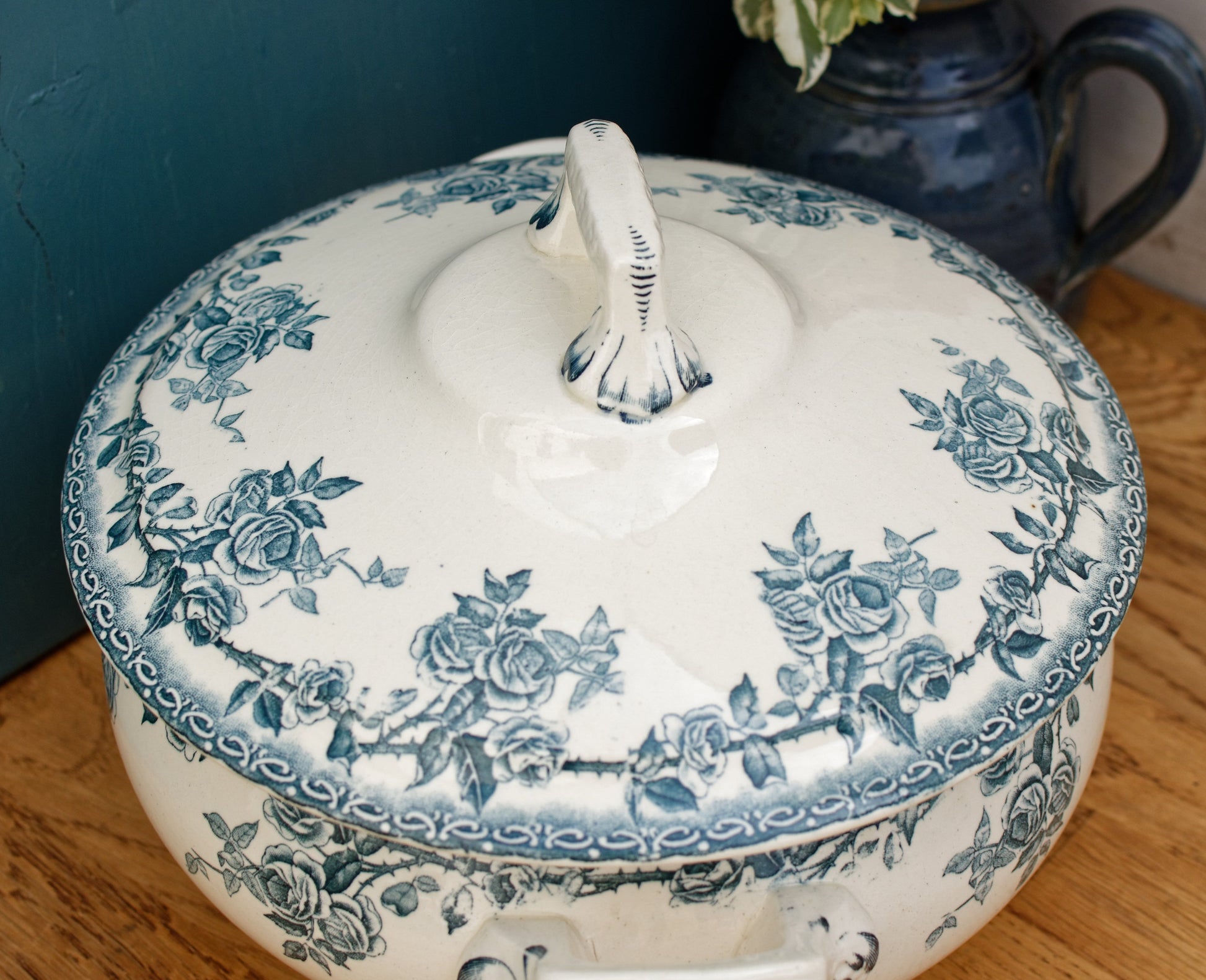 H.B. & Cie (Hautin, Boulenger & Choisy-Le-Roi) Terre de Fer France Paris French Antique Ironstone Blue Transferware Soup Tureen "Soupiere" Terre de fer