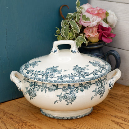 H.B. & Cie (Hautin, Boulenger & Choisy-Le-Roi) Terre de Fer France Paris French Antique Ironstone Blue Transferware Soup Tureen "Soupiere" Terre de fer