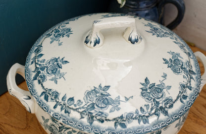 H.B. & Cie (Hautin, Boulenger & Choisy-Le-Roi) Terre de Fer France Paris French Antique Ironstone Blue Transferware Soup Tureen "Soupiere" Terre de fer