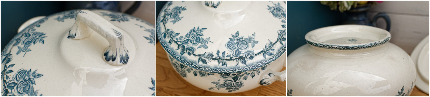H.B. & Cie (Hautin, Boulenger & Choisy-Le-Roi) Terre de Fer France Paris French Antique Ironstone Blue Transferware Soup Tureen "Soupiere" Terre de fer