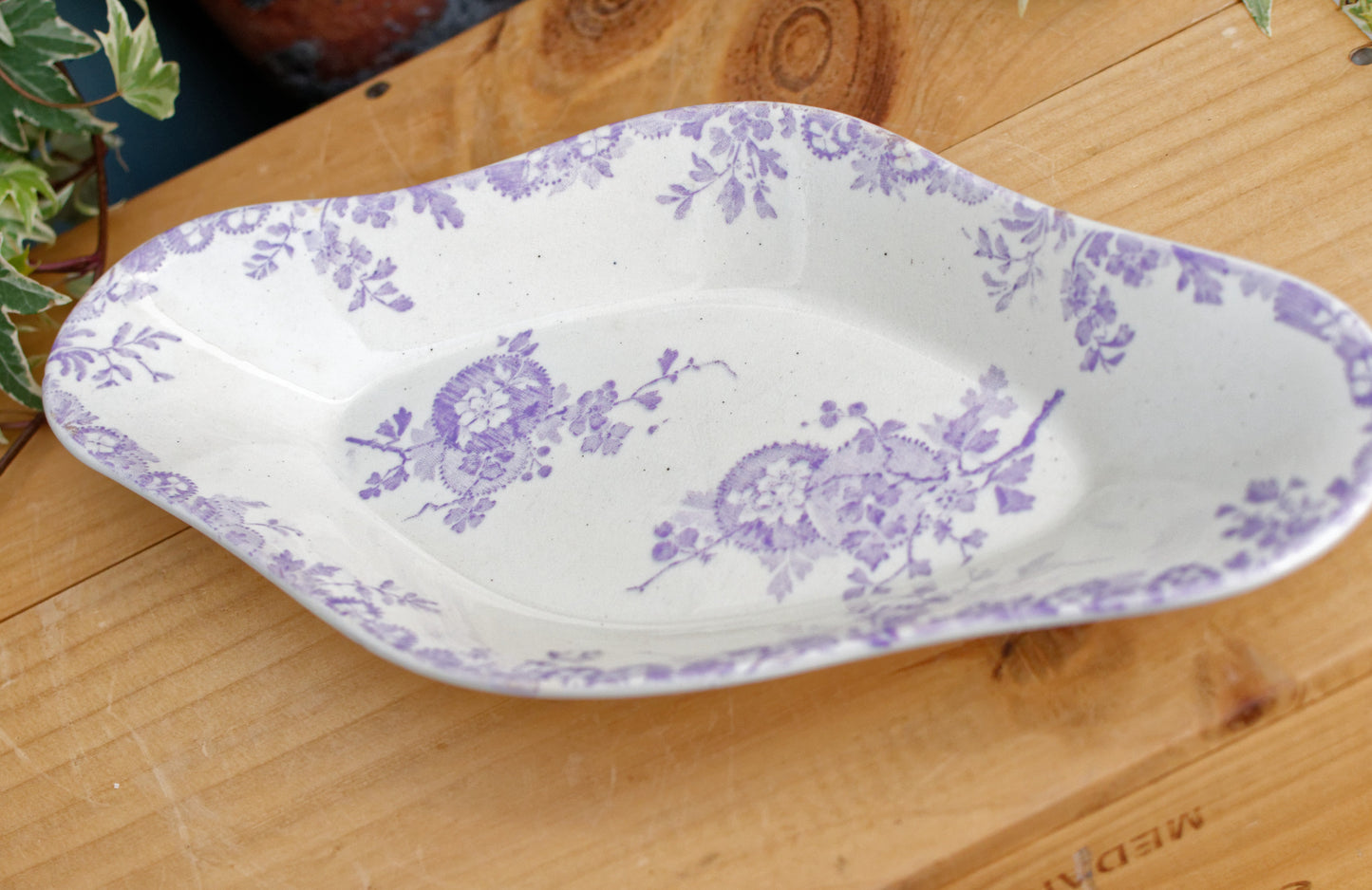 LONGWY HANOI Terre de Fer French Antique Ironstone Lavender Transferware Oval Serving Plate Faience