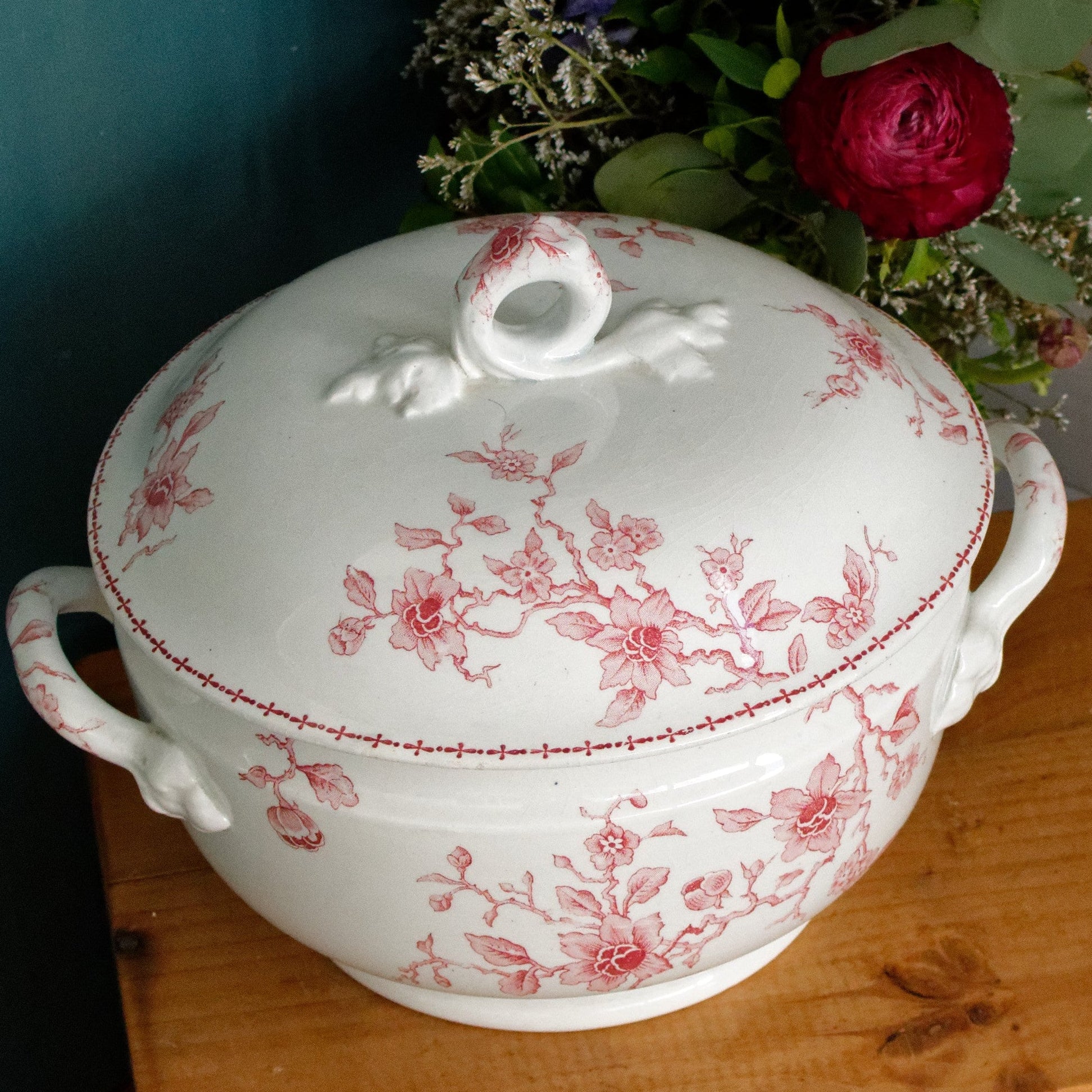 HOLLANDAIS K&G (Keller et Guérin) Lunéville French Antique Ironstone Red Transferware Soup Tureen Soupiere Terre de Fer en Faience