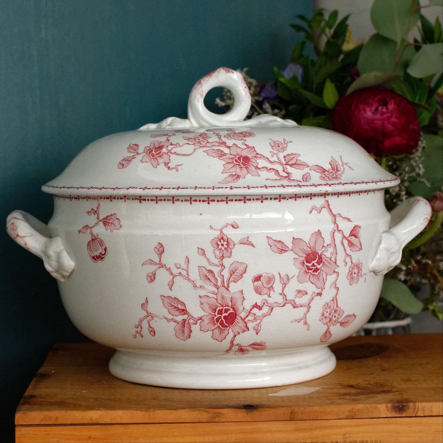 HOLLANDAIS K&G (Keller et Guérin) Lunéville French Antique Ironstone Red Transferware Soup Tureen Soupiere Terre de Fer en Faience