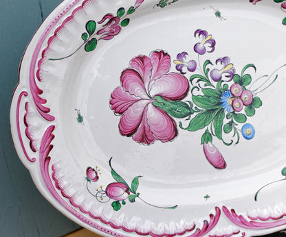 French Vintage Hand-Painted Floral Ironstone Oval Serving Plate Platter Terre de fer