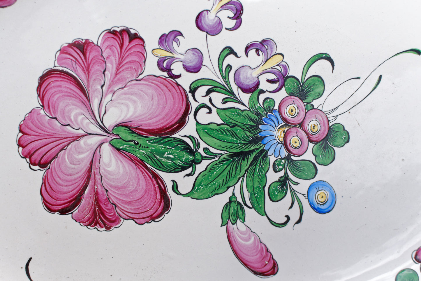 French Vintage Hand-Painted Floral Ironstone Oval Serving Plate Platter Terre de fer