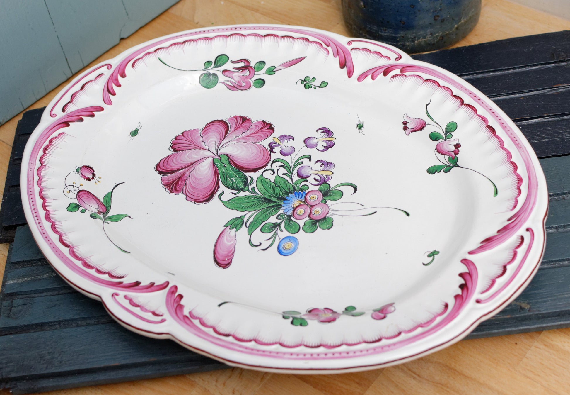 French Vintage Hand-Painted Floral Ironstone Oval Serving Plate Platter Terre de fer