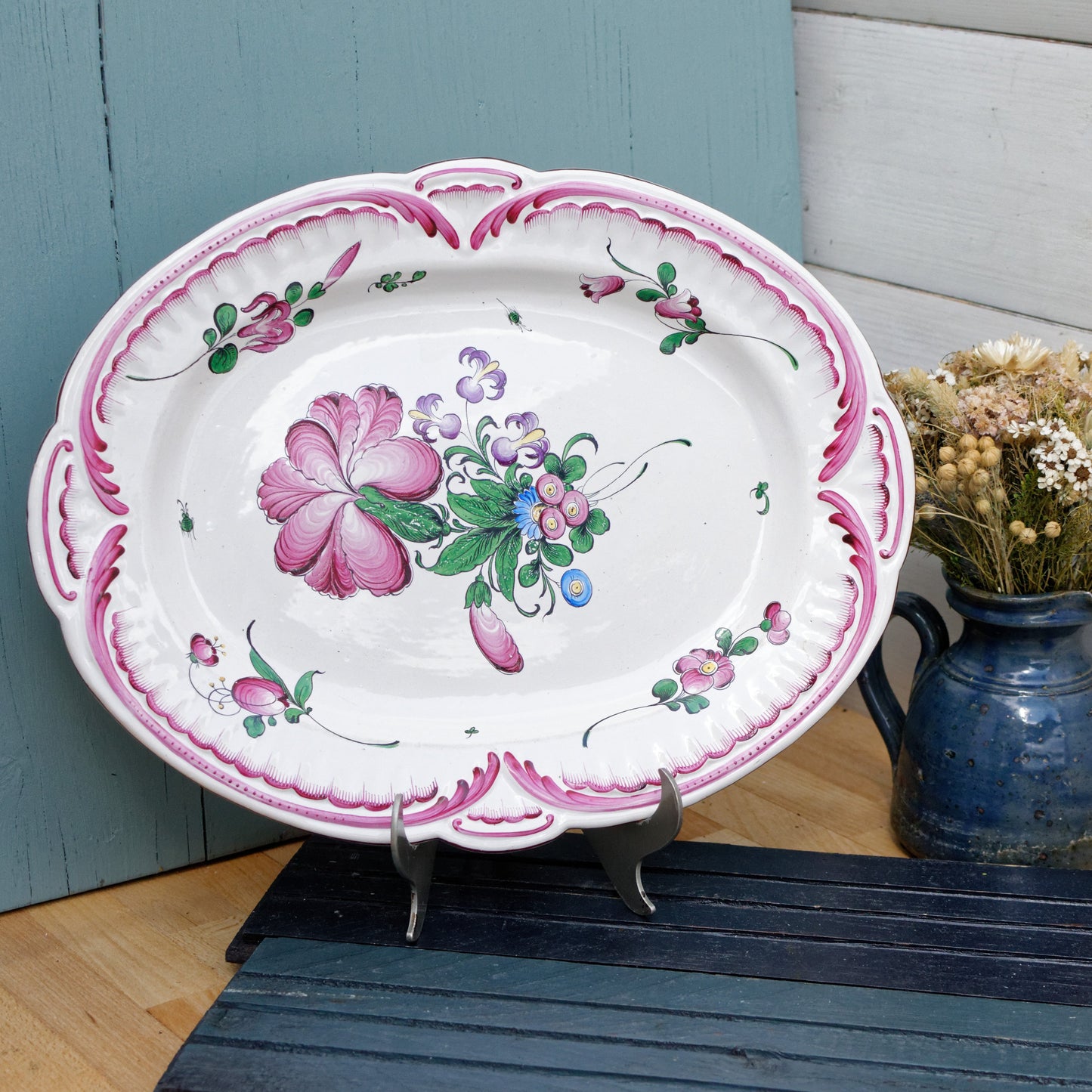 French Vintage Hand-Painted Floral Ironstone Oval Serving Plate Platter Terre de fer