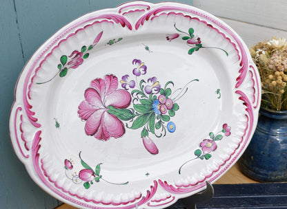 French Vintage Hand-Painted Floral Ironstone Oval Serving Plate Platter Terre de fer