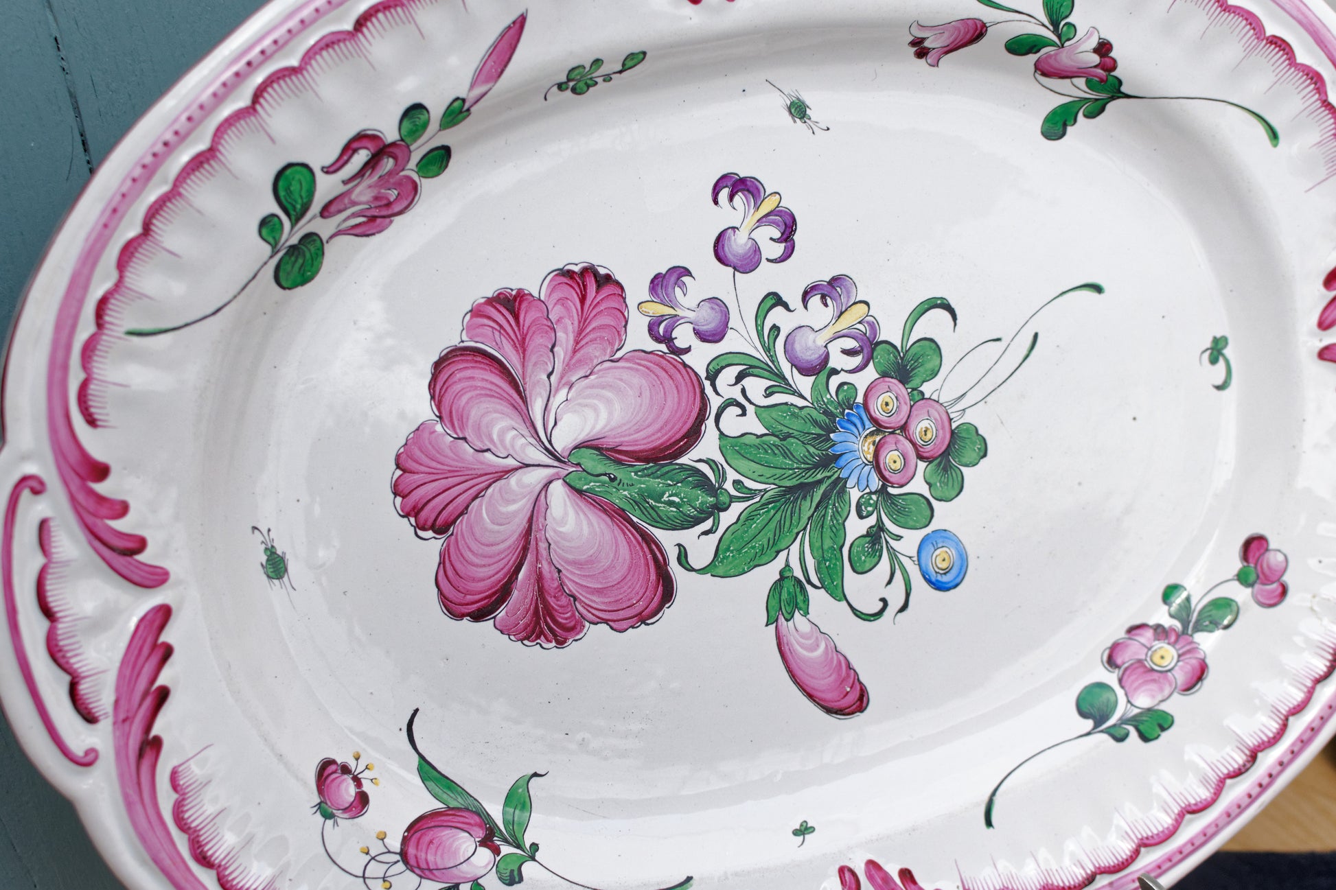 French Vintage Hand-Painted Floral Ironstone Oval Serving Plate Platter Terre de fer