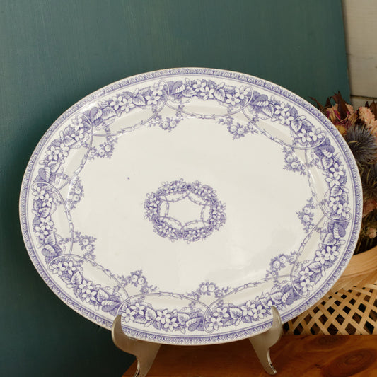 1800s Henry Burgess (HB) Burslem Bone China Antique English Ironstone Lavender Pattern Oval Serving Plate Terre de Fer lion unicorn