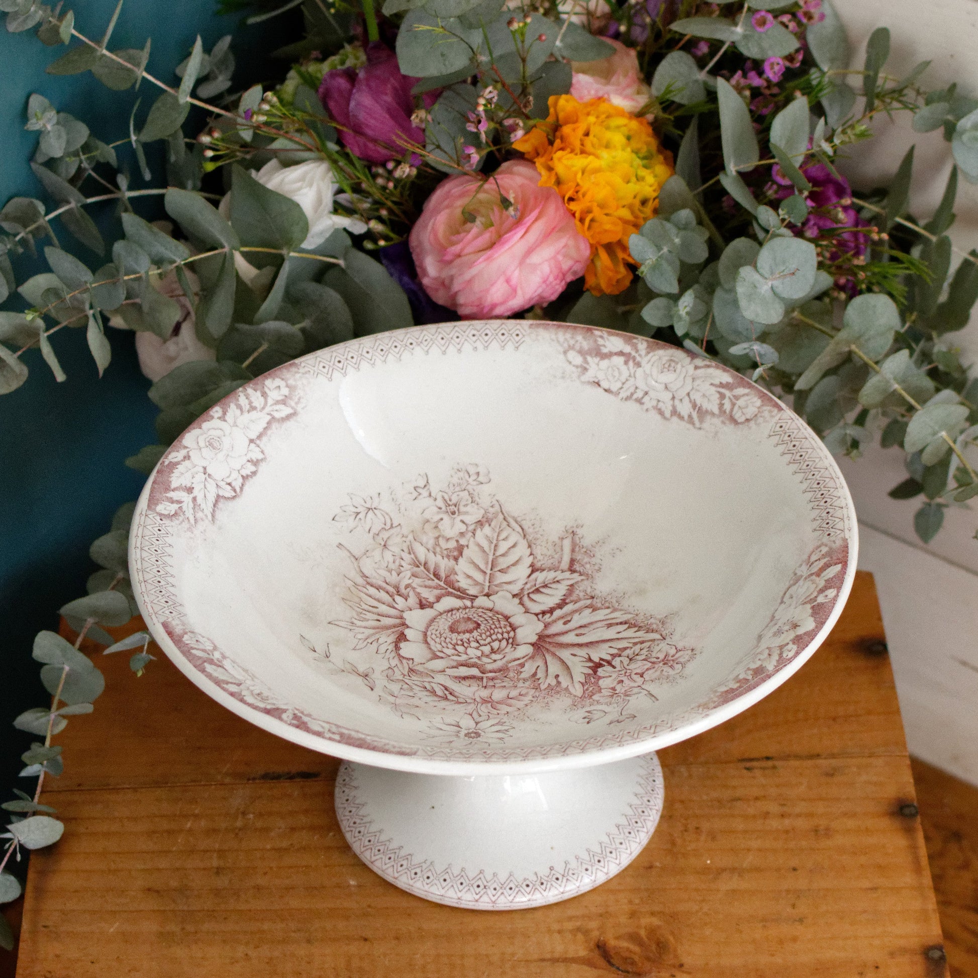 "JARDINERE" Saint Amand Hamage Nord French Antique Ironstone Dark Red Transferware Footed Fruit Bowl "COMPOTIER" Terre de Fer en Faience