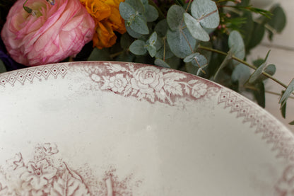 "JARDINERE"Motif Saint Amand Hamage Nord French Antique Ironstone Dark Red Transferware Footed Fruit Bowl "COMPOTIER" Terre de Fer en Faience