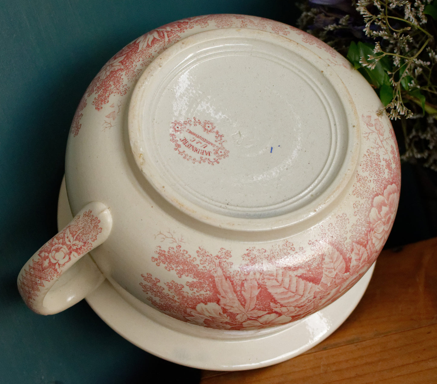 Jardinière Motif Sarreguemines U&C French Antique Collectible Ironstone RED Transferware Large Bathroom Pitcher Pot de Chambre Broc en Faience