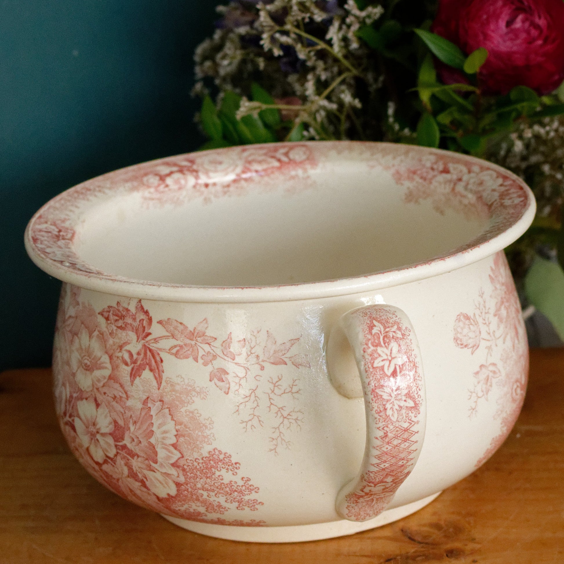 Jardinière Motif Sarreguemines U&C French Antique Collectible Ironstone RED Transferware Large Bathroom Pitcher Pot de Chambre Broc en Faience