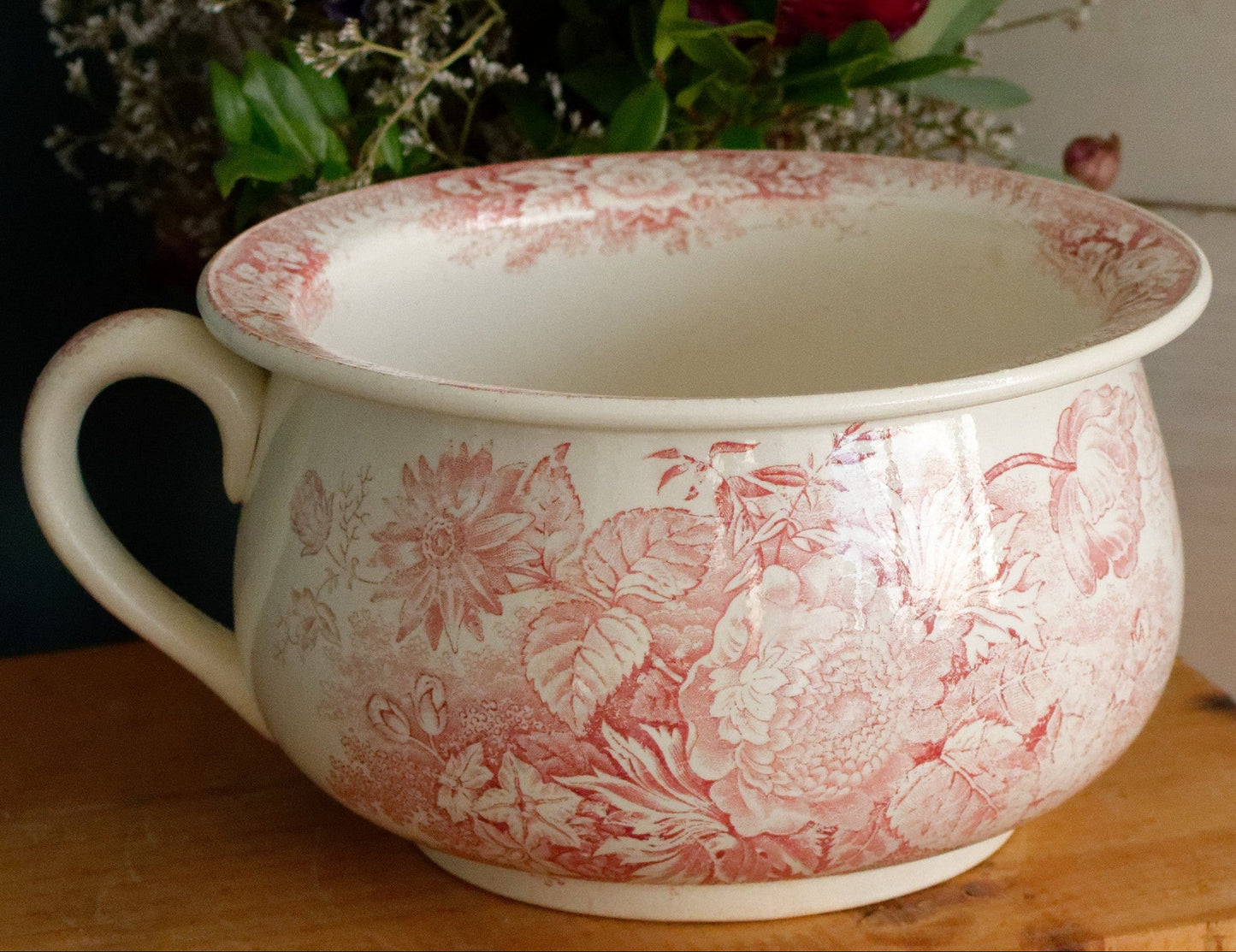 Jardinière Motif Sarreguemines U&C French Antique Collectible Ironstone RED Transferware Large Bathroom Pitcher Pot de Chambre Broc en Faience
