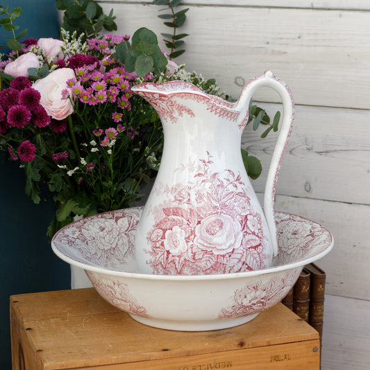 JARDINIERE Faiencerie De Castres Sarreguemines U&C French Antique Collectible Ironstone Red Transferware Bathroom Set Pitcher BROC" & Basin CUVETTE Terre de fer