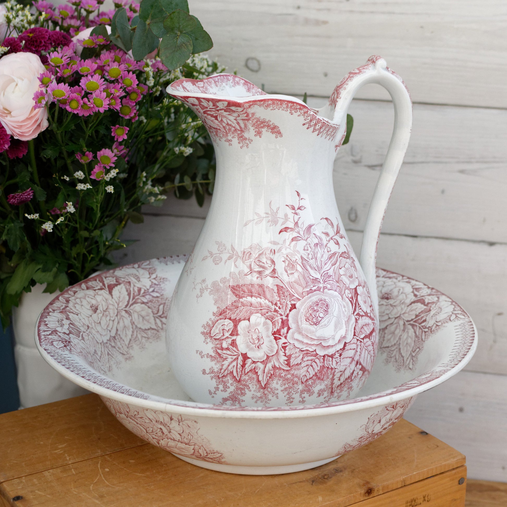 JARDINIERE Faiencerie De Castres Sarreguemines U&C French Antique Collectible Ironstone Red Transferware Bathroom Set Pitcher BROC" & Basin CUVETTE Terre de fer