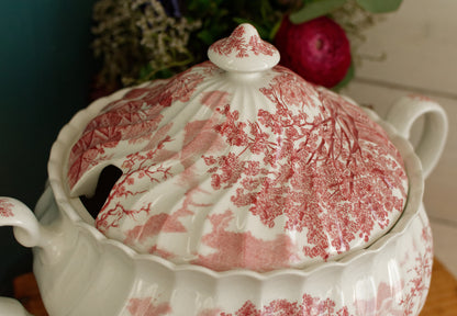 JOHNSON BROs Staffordshire England English Vintage Fine Ironstone China Red Transferware Soup Tureen Soupiere Made in England