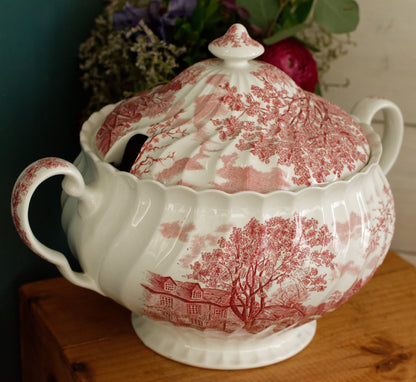 JOHNSON BROs Staffordshire England English Vintage Fine Ironstone China Red Transferware Soup Tureen Soupiere Made in England