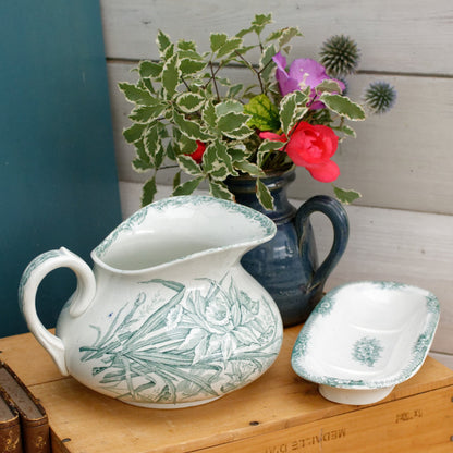 JONQUILLE A.Lebacqz & M.Bouchart St Amand Nord  French Antique Collectible Ironstone Teal Transferware Bathroom Pitcher BROC & Soap Dish Terre de fer faience