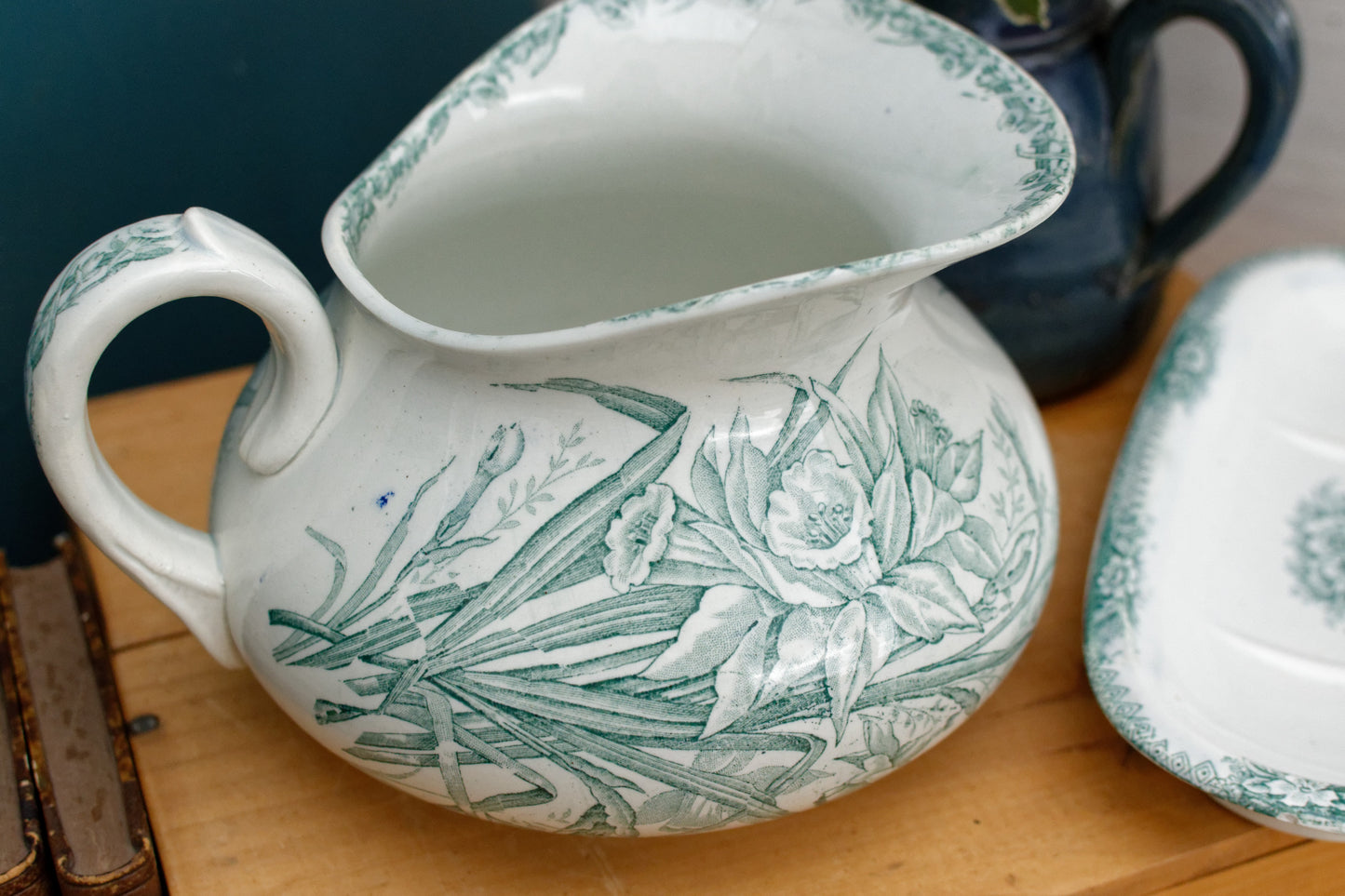 JONQUILLE A.Lebacqz & M.Bouchart St Amand Nord  French Antique Collectible Ironstone Teal Transferware Bathroom Pitcher BROC & Soap Dish Terre de fer faience