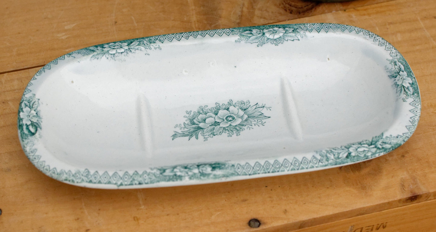 JONQUILLE A.Lebacqz & M.Bouchart St Amand Nord  French Antique Collectible Ironstone Teal Transferware Bathroom Pitcher BROC & Soap Dish Terre de fer faience