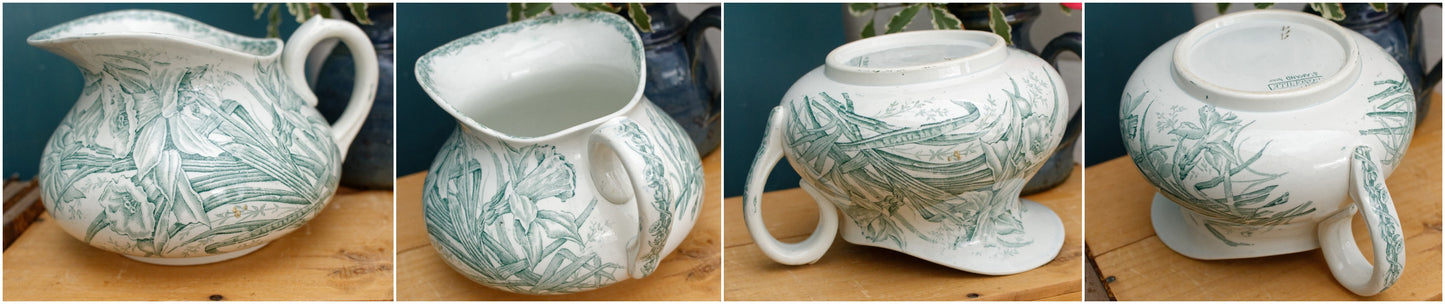 JONQUILLE A.Lebacqz & M.Bouchart St Amand Nord  French Antique Collectible Ironstone Teal Transferware Bathroom Pitcher BROC & Soap Dish Terre de fer faience
