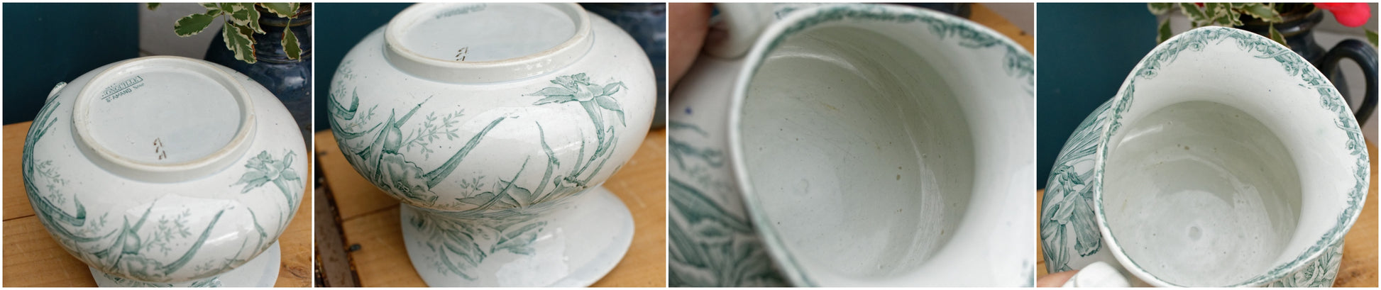 JONQUILLE A.Lebacqz & M.Bouchart St Amand Nord  French Antique Collectible Ironstone Teal Transferware Bathroom Pitcher BROC & Soap Dish Terre de fer faience
