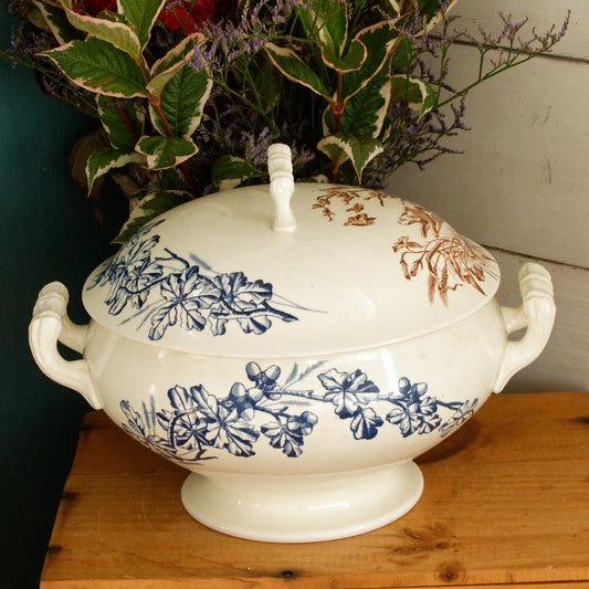 CHASSE JS&Cie Faïencerie de Clairefontaine French Antique Ironstone Brown Blue Transferware Soup Tureen Soupiere Terre de fer en Faience