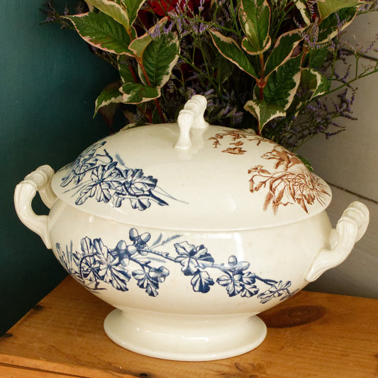 CHASSE JS&Cie Faïencerie de Clairefontaine French Antique Ironstone Brown Blue Transferware Soup Tureen Soupiere Terre de fer en Faience