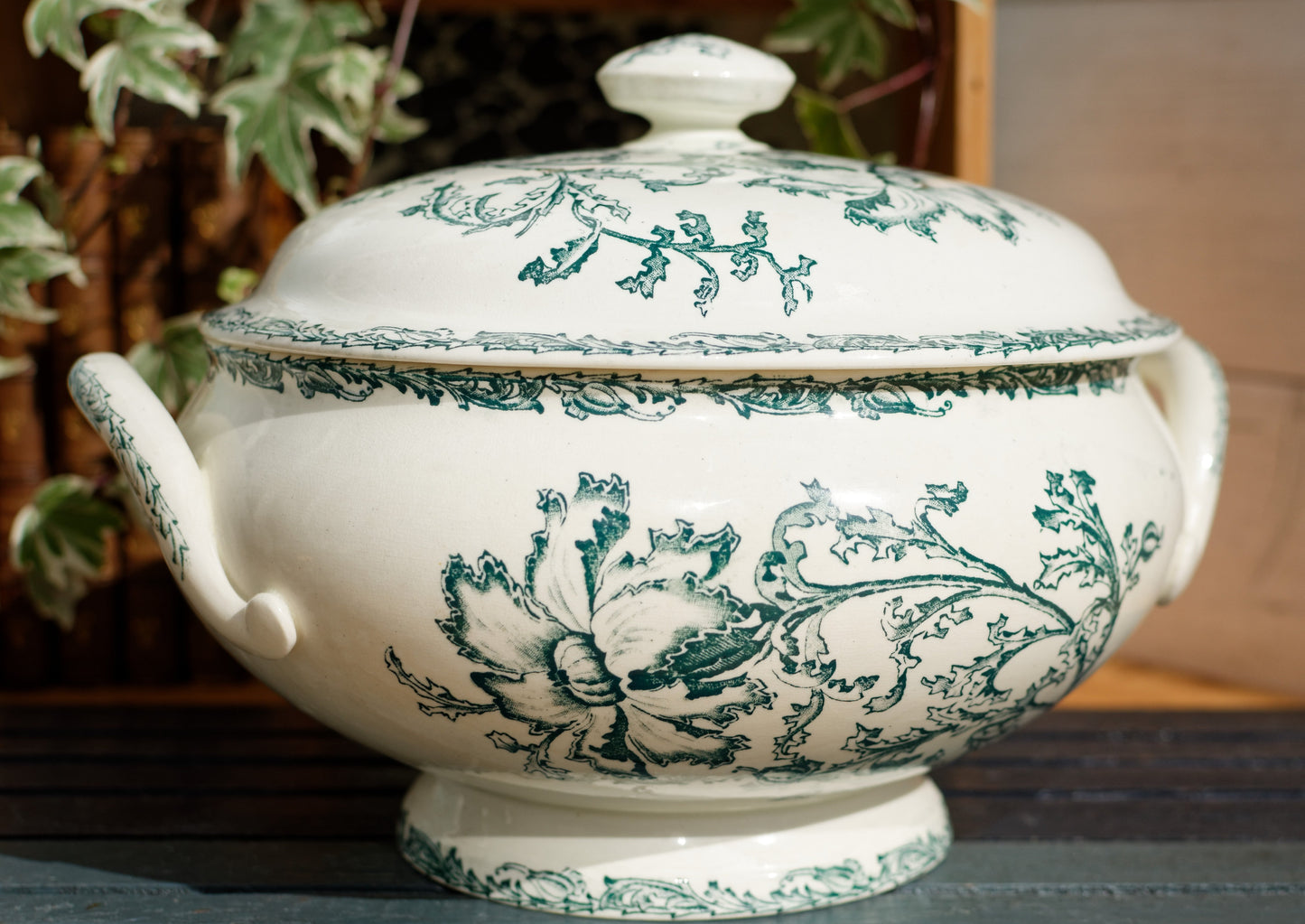 DATURA Motif Jules Vieillard Bordeaux JV Cie French Antique Ironstone Green Transferware Soup Tureen Soupiere Terre de Fer en Faience