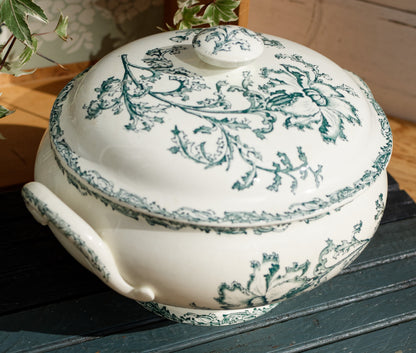 DATURA Motif Jules Vieillard Bordeaux JV Cie French Antique Ironstone Green Transferware Soup Tureen Soupiere Terre de Fer en Faience