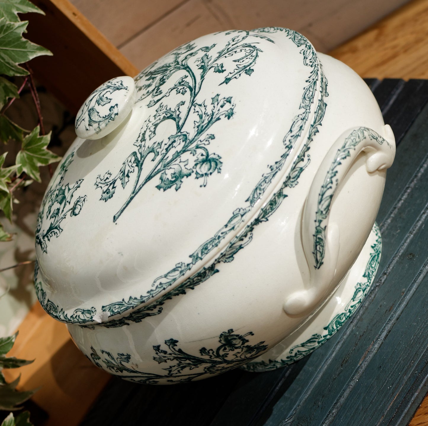 DATURA Motif Jules Vieillard Bordeaux JV Cie French Antique Ironstone Green Transferware Soup Tureen Soupiere Terre de Fer en Faience