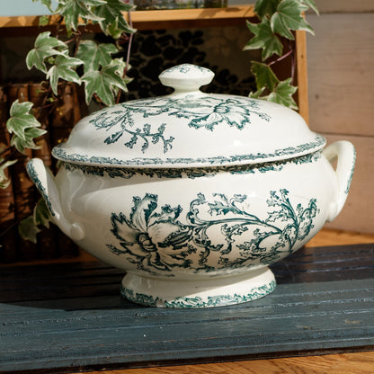 DATURA Motif Jules Vieillard Bordeaux JV Cie French Antique Ironstone Green Transferware Soup Tureen Soupiere Terre de Fer en Faience