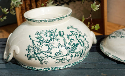 DATURA Motif Jules Vieillard Bordeaux JV Cie French Antique Ironstone Green Transferware Soup Tureen Soupiere Terre de Fer en Faience