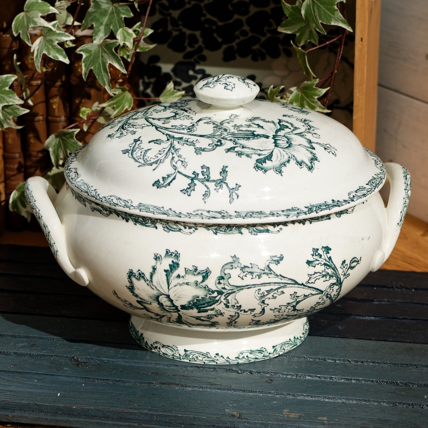 DATURA Motif Jules Vieillard Bordeaux JV Cie French Antique Ironstone Green Transferware Soup Tureen Soupiere Terre de Fer en Faience