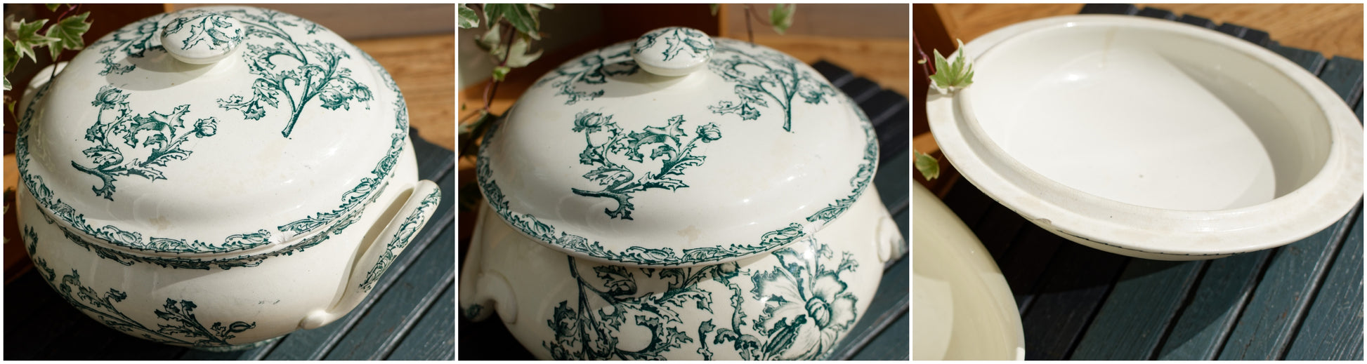 DATURA Motif Jules Vieillard Bordeaux JV Cie French Antique Ironstone Green Transferware Soup Tureen Soupiere Terre de Fer en Faience