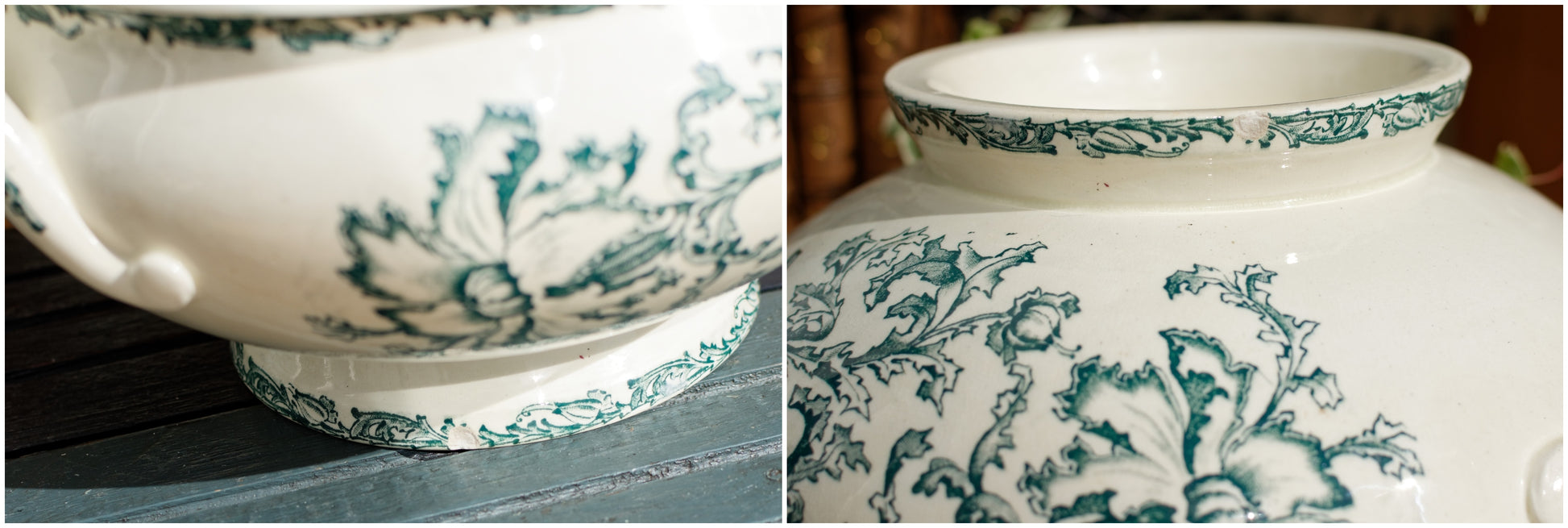 DATURA Motif Jules Vieillard Bordeaux JV Cie French Antique Ironstone Green Transferware Soup Tureen Soupiere Terre de Fer en Faience